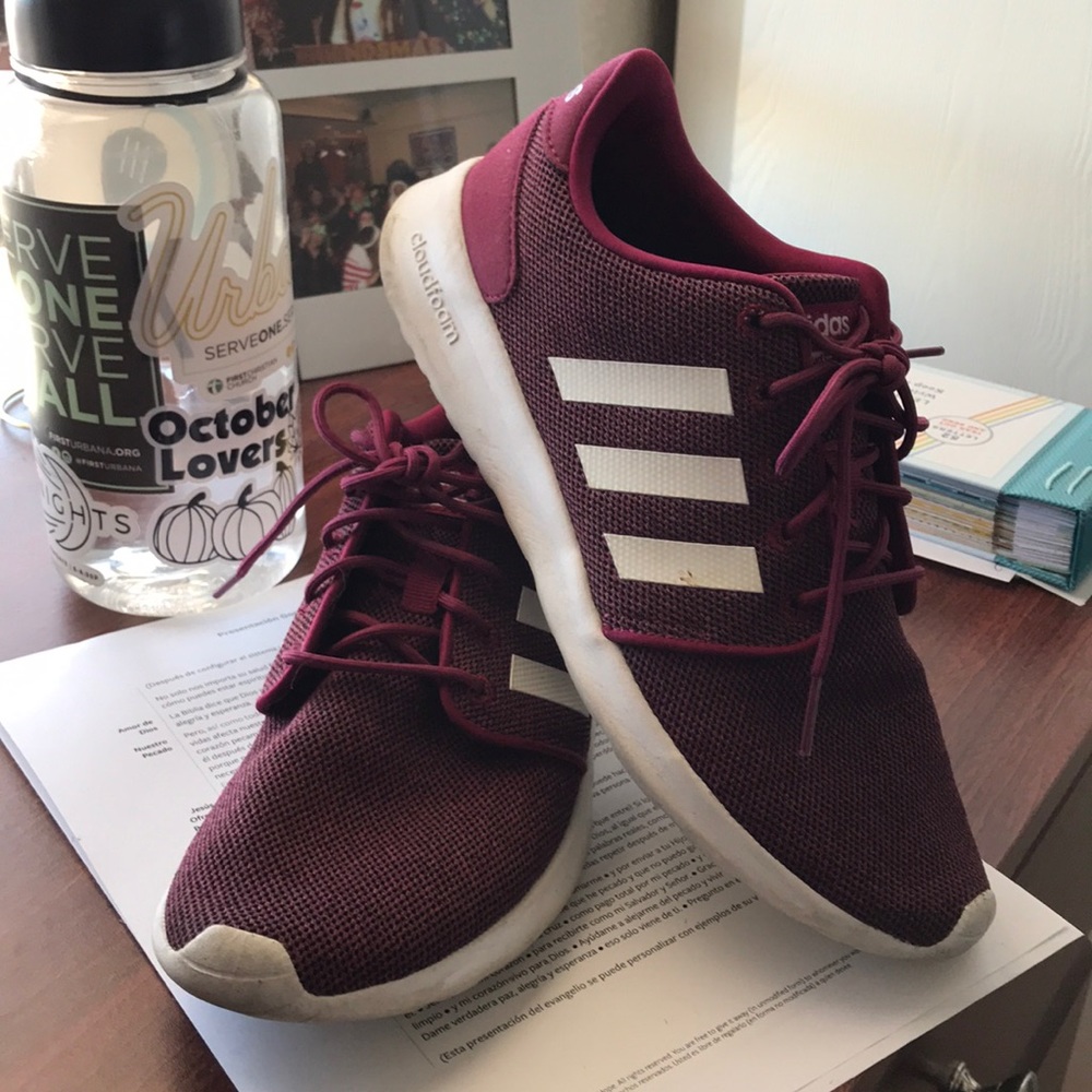 Burgundy adidas tennis shoes